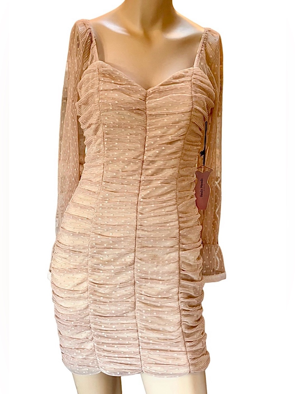 NWT Haute Monde Blush Champagne Swiss Dot Ruched Mesh Mini Dress M